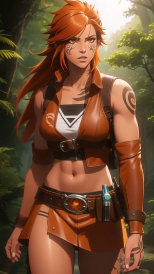 Anime-Style Image of An Energetic 25-Year-Old Female Werewolf Tracker, (Long Unkempt Dark Orange Hair), (Amber Wolfish Eyes), (Tanned Skin with Tribal Tattoos), (Wearing Brown Tracker's Leather Attire:1.2), (Hunting Grounds in the Wild:1.2), (Walking Pose:1.2), (Waist Up Shot), (View From Front), Realistic Lighting, Intricate Face Detail, Intricate Hand Details, Vibrant Colors, Highly Detailed, High Definition, Trending on Artstation--style raw,arcane style