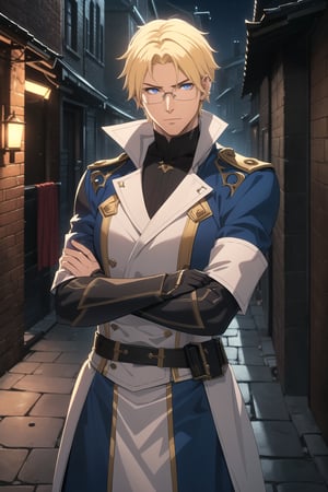 (Masterpiece, Best Quality),  (A Youthful 23-Year-Old European Male Demon Slayer), (Messy Short Blonde Hair), (Piercing Blue Eyes with Glasses), (Fair Skin), (Clad in White Tactical Modern Demon Hunter Attire), (Urban Alley at Night:1.4), (Crossed Arms Pose:1.4), Centered, (Half Body Shot:1.4), (From Front Shot:1.4), Insane Details, Intricate Face Detail, Intricate Hand Details, Cinematic Shot and Lighting, Realistic and Vibrant Colors, Sharp Focus, Ultra Detailed, Realistic Images, Depth of Field, Incredibly Realistic Environment and Scene, Master Composition and Cinematography,castlevania style