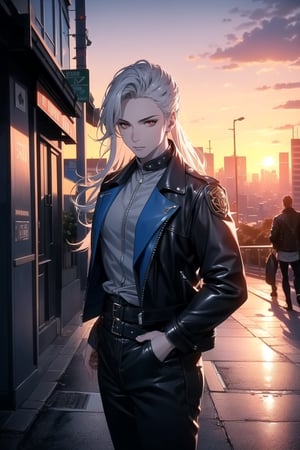 (One Person), (Ultra Realistic Image of a Handsome 25 Years Old British Male Vampire), (Long Flowing Silver Hair:1.2), (Pale Skin:1.6), (Dark Red Eyes), (Wearing Blue Leather Long Jacket:1.6), (Dynamic Pose:1.4), (City Road at Evening with Sunset:1.6), Centered, (Waist-up Shot:1.4), From Front Shot, Insane Details, Intricate Face Detail, Intricate Hand Details, Cinematic Shot and Lighting, Realistic and Vibrant Colors, Masterpiece, Sharp Focus, Ultra Detailed, Taken with DSLR camera, Realistic Photography, Depth of Field, Incredibly Realistic Environment and Scene, Master Composition and Cinematography,neuvillette