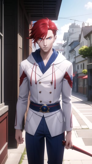 Anime-Style Image of A Handsome 25-Year-Old British Male Vampire Slayer, (Messy Short Red Hair:1.2), (Pale Skin), (Blue Eyes), (Wearing White and Blue Hooded Assassin Outfit:1.2), (Modern City Road at Noon), (Walking Pose:1.2), (Waist Up Shot), (View From Front), Realistic Lighting, Intricate Face Detail, Intricate Hand Details, Vibrant Colors, Highly Detailed, High Definition, Trending on Artstation--style raw,arcane style