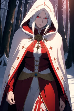 (Masterpiece, Best Quality), (A Gorgeous 30-Year-Old Female Blood Witch), (Unkempt White Hair), (Spirit-Seeing Red Eyes:1.2), (Aged and Blood-Marked Skin), (Red and White Hooded Witch Robe with Fur Cloak:1.2), (Mystical Snowy Forest at Night:1.4), (Walking Pose:1.4), Centered, (Half Body Shot:1.4), (From Front Shot:1.2), Insane Details, Intricate Face Detail, Intricate Hand Details, Cinematic Shot and Lighting, Realistic and Vibrant Colors, Sharp Focus, Ultra Detailed, Realistic Images, Depth of Field, Incredibly Realistic Environment and Scene, Master Composition and Cinematography, castlevania style,castlevania style