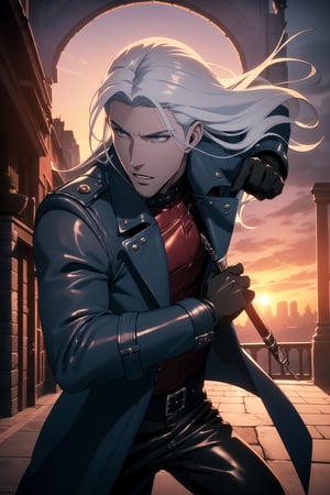 (Masterpiece, Best Quality), (A Handsome 25-Year-Old British Male Vampire Slayer), (Long Flowing White Hair:1.4), (Pale Skin), (Crimson Eyes), (Wearing Blue Long Leather Coat and Black Long Pants:1.6), (City Road at Evening with Sunset:1.4), (Dynamic Pose:1.2), Centered, (Half Body Shot:1.4), (From Front Shot:1.4), Insane Details, Intricate Face Detail, Intricate Hand Details, Cinematic Shot and Lighting, Realistic and Vibrant Colors, Sharp Focus, Ultra Detailed, Realistic Images, Depth of Field, Incredibly Realistic Environment and Scene, Master Composition and Cinematography,castlevania style