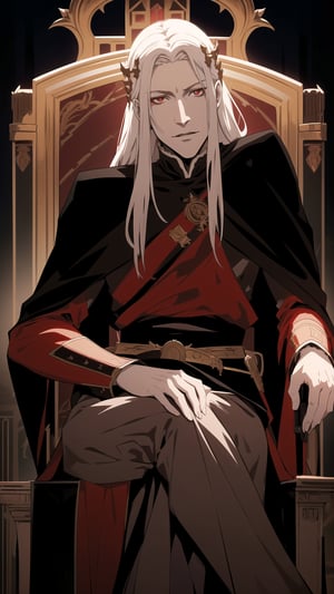 Anime-style Image of A Fierce 30-Year-Old Male Vampire Lord, (Messy Long White Hair), (Pale Skin), (Small Grin), (Dark Red Eyes), (Wearing Full Black Royal Attire:1.4), (Red Castle Hall at Night:1.2), (Sitting on Throne:1.4), (Waist-Up Shot), (View From Front:1.2), Realistic Lighting, Intricate Face Detail, Intricate Hand Details, Vibrant Colors, Highly Detailed, High Definition, Trending on Artstation--style raw,castlevania style