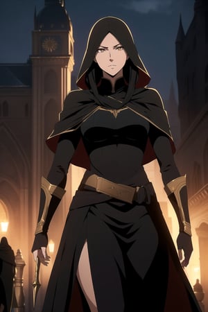 (A Gorgeous 25-Year-Old Middle-Eastern Female Assassin), (Long, Straight Black Hair), (Fair Skin), (Brownish Golden Eyes:1.4), (Wearing Black Veiled Assassin Outfit with Golden Lining:1.4), (Desert Arabian City at Night), (Walking in the Crowds Pose:1.4), Centered, (Waist-up Shot:1.4), (From Front Shot:1.2), Insane Details, Intricate Face Detail, Intricate Hand Details, Cinematic Shot and Lighting, Realistic and Vibrant Colors, Masterpiece, Sharp Focus, Ultra Detailed, Taken with DSLR Camera, Realistic Photography, Depth of Field, Incredibly Realistic Environment and Scene, Master Composition and Cinematography, castlevania style,castlevania style