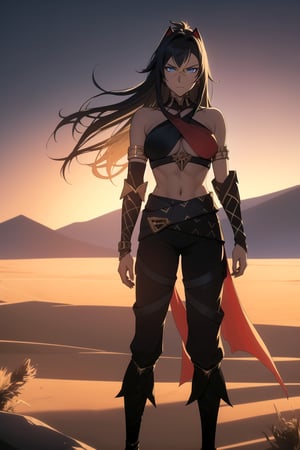 (Masterpiece, Best Quality), (Dehya from Genshin Impact), (Messy Long Black Hair:1.4), (Blue Eyes:1.2), (Serious Looking:1.4), (Wearing Red and Black Criss-Cross Halter, Golden Right Armlet, and Belted Black Pants:1.6), (Barren Desert at Dusk:1.4), (Standing Pose:1.2), Centered, (Half Body Shot:1.4), (From Front Shot:1.4), Insane Details, Intricate Face Detail, Intricate Hand Details, Cinematic Shot and Lighting, Realistic and Vibrant Colors, Sharp Focus, Ultra Detailed, Realistic Images, Depth of Field, Incredibly Realistic Environment and Scene, Master Composition and Cinematography, castlevania style,castlevania style,dehya,armlet