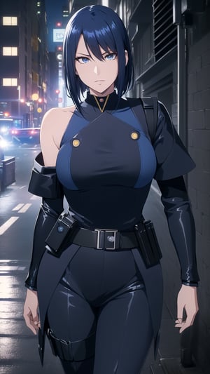 Anime-style Image of A Stern 25-Year-Old Japanese Female Secret Agent, (Shoulder-length Navy Blue Hair:1.4), (Fair Skin), (Dark Blue Eyes), (Wearing Black and Blue Sleek Tactical Outfit:1.4), (Modern City Road at Night:1.4), (Walking Pose:1.4), (Waist-Up Shot:1.4), (View From Front:1.2), Realistic Lighting, Intricate Face Detail, Intricate Hand Details, Vibrant Colors, Highly Detailed, High Definition, Trending on Artstation--style raw,castlevania style