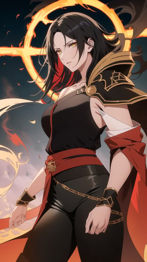 Anime-style Image of A Powerful 25-Year-Old Greek Female Fire Mage, (Messy Shoulder-length Black Hair:1.4), (Yellow Eyes), (Fair Skin), (Wearing Red and Black Ornated Robe and Black Tight Pants:1.4), (Fiery Forest full of Smoke:1.2), (Standing Pose:1.2), (Waist-Up Shot:1.2), (View From Front:1.2), Realistic Lighting, Intricate Face Detail, Intricate Hand Details, Vibrant Colors, Highly Detailed, High Definition, Trending on Artstation--style raw,castlevania style