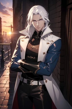 (Masterpiece, Best Quality), (A Handsome 25-Year-Old British Male Vampire Slayer), (Long Unkempt White Hair:1.4), (Pale Skin), (Crimson Eyes), (Wearing Blue Long Leather Coat and Black Long Pants:1.4), (City Road at Evening with Sunset:1.4), (Crossed Arms Pose:1.4), Centered, (Half Body Shot:1.4), (From Front Shot:1.4), Insane Details, Intricate Face Detail, Intricate Hand Details, Cinematic Shot and Lighting, Realistic and Vibrant Colors, Sharp Focus, Ultra Detailed, Realistic Images, Depth of Field, Incredibly Realistic Environment and Scene, Master Composition and Cinematography,castlevania style