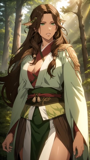 Anime-style Image of A Gorgeous 25 Years Old Female Forest Shaman, (Messy Long Brunette Hair:1.2), (Tanned Skin:1.2), (Green Eyes), (Wearing Green and Brown Forest Shaman Robe:1.4), (Pine Forest at Noon:1.2), (Walking Pose:1.2), (Waist-Up Shot), (View From Front:1.2), Realistic Lighting, Intricate Face Detail, Intricate Hand Details, Vibrant Colors, Highly Detailed, High Definition, Trending on Artstation--style raw,castlevania style