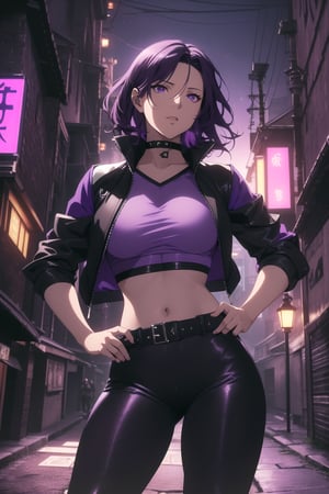 (Masterpiece, Best Quality), (A Rebel 25-Year-Old Japanese Female Resistance Leader), (Short Wavy Violet Hair:1.4), (Dark Purple Eyes:1.2), (Fair Skin:1.2), (Wearing Violet Resistance Member Jacket, Black Crop Top and Black Tight Pants:1.4), (Dystopian Rural City Alleyway at Night:1.4), (Dynamic Pose:1.2), Centered, (Half Body Shot:1.4), (From Front Shot:1.4), Insane Details, Intricate Face Detail, Intricate Hand Details, Cinematic Shot and Lighting, Realistic and Vibrant Colors, Sharp Focus, Ultra Detailed, Realistic Images, Depth of Field, Incredibly Realistic Environment and Scene, Master Composition and Cinematography,castlevania style