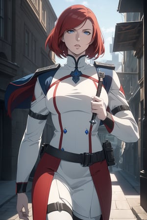 (Masterpiece, Best Quality), (A Gorgeous 20-Year-Old British Female Vampire Slayer), (Wavy Bobcut Red Hair:1.2), (Pale Skin), (Blue Eyes), (Wearing White and Blue Tactical Assassin Outfit:1.4), (Modern City Road at Noon:1.4), (Walking Pose:1.4), Centered, (Half Body Shot:1.4), (From Front Shot:1.4), Insane Details, Intricate Face Detail, Intricate Hand Details, Cinematic Shot and Lighting, Realistic and Vibrant Colors, Sharp Focus, Ultra Detailed, Realistic Images, Depth of Field, Incredibly Realistic Environment and Scene, Master Composition and Cinematography, castlevania style,castlevania style