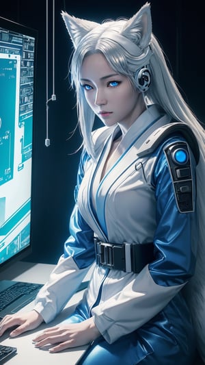 Photorealistic Image of A Cunning 27-Year-Old Japanese Female Kitsune Hacker, (Silver Fox Ears and Tail:1.2), (Glowing Blue Eyes), (Pale Skin), (Tech-Infused White-and-Blue Hacker Outfit:1.4), (Cyberpunk Tech Base:1.2), (Sitting on Desk Pose:1.4), (Waist-Up Shot), (View From Front:1.2), Realistic Lighting, Intricate Face Detail, Intricate Hand Details, Vibrant Colors, Highly Detailed, High Definition, Trending on Artstation--style raw,castlevania style