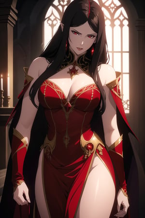 (Masterpiece, Best Quality),  (A Regal 30-Year-Old Looking Female Vampire Queen), (Flowing Ebony Hair:1.2), (Bright Red Eyes), (Pallid and Alluring Skin), (Wearing Queenly Red Vampire Gown:1.2), (Dark Castle Altar:1.2), (Walking Pose:1.4), Centered, (Half Body Shot:1.4), (From Front Shot:1.4), Insane Details, Intricate Face Detail, Intricate Hand Details, Cinematic Shot and Lighting, Realistic and Vibrant Colors, Sharp Focus, Ultra Detailed, Realistic Images, Depth of Field, Incredibly Realistic Environment and Scene, Master Composition and Cinematography,castlevania style