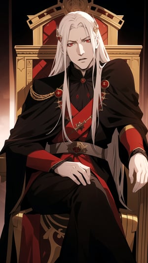 Anime-style Image of A Fierce 27-Year-Old Male Vampire Lord, (Messy Long White Hair), (Pale Skin), (Serious Face), (Red Eyes), (Wearing Black Royal Attire:1.4), (Red Castle Hall at Night:1.2), (Sitting on Throne:1.4), (Waist-Up Shot), (View From Front:1.2), Realistic Lighting, Intricate Face Detail, Intricate Hand Details, Vibrant Colors, Highly Detailed, High Definition, Trending on Artstation--style raw,castlevania style