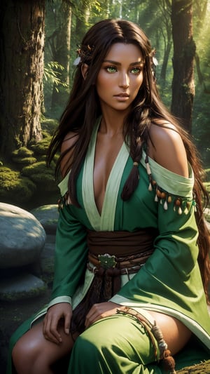 Photorealistic Image of A Gorgeous 25 Years Old Female Forest Shaman, (Messy Long Brunette Hair:1.2), (Tanned Skin:1.2), (Green Eyes), (Wearing Green and Brown Forest Shaman Robe:1.4), (Pine Forest at Noon:1.2), (Sitting on Stone Pose:1.4), (Waist-Up Shot), (View From Front:1.2), Realistic Lighting, Intricate Face Detail, Intricate Hand Details, Vibrant Colors, Highly Detailed, High Definition, Trending on Artstation--style raw,castlevania style