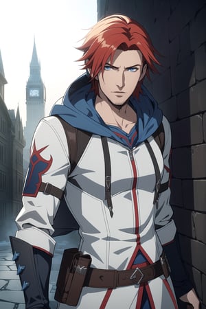 (Masterpiece, Best Quality), (A Handsome 25-Year-Old British Male Werewolf Hunter), (Spiky Short Red Hair:1.2), (Pale Skin), (Blue Eyes), (Wearing White and Blue Tactical Assassin Outfit with Hood:1.4), (Modern City Road at Noon:1.2), (Standing Pose:1.4), Centered, (Half Body Shot:1.4), (From Front Shot:1.4), Insane Details, Intricate Face Detail, Intricate Hand Details, Cinematic Shot and Lighting, Realistic and Vibrant Colors, Sharp Focus, Ultra Detailed, Realistic Images, Depth of Field, Incredibly Realistic Environment and Scene, Master Composition and Cinematography, castlevania style,castlevania style