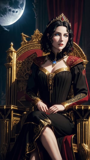 Photorealistic Image of A Stern 30-Year-Old British Female Vampire Heiress, (Wavy Short Black Hair adorned with Diadem:1.2), (Pale Skin), (Blue Eyes), (Wearing Black and Red Aristocratic Attire with Golden Accent:1.2), (Castle Hall with Moonlight Glow:1.2), (Sitting Elegantly on Throne Pose:1.4), (Waist-Up Shot), (View From Front:1.2), Realistic Lighting, Intricate Face Detail, Intricate Hand Details, Vibrant Colors, Highly Detailed, High Definition, Trending on Artstation--style raw,castlevania style