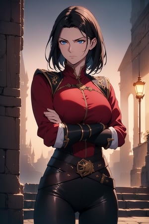 (Masterpiece, Best Quality), (A Resilient 25-Year-Old British Female Mercenary), (Shoulder-length Wolfcut Black Hair:1.4), (Observant Blue Eyes), (Fair Skin), (Wearing Loose-buttoned Crimson Red Shirt and Black Tight Pants:1.4), (Moonlit City Road at Night:1.2), (Crossed Arms Pose:1.4), Centered, (Waist-up Shot:1.4), (From Front Shot:1.2), Insane Details, Intricate Face Detail, Intricate Hand Details, Cinematic Shot and Lighting, Realistic and Vibrant Colors, Sharp Focus,  Incredibly Realistic Environment and Scene, Master Composition and Cinematography, castlevania style,castlevania style