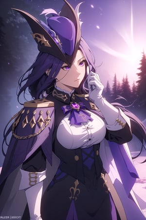 (Masterpiece, Best Quality), (Clorinde from Genshin Impact), (Long Purple Hair with Purple Musketeer Hat:1.4), (Purple Eyes:1.2), (Serious Looking:1.4), (Fair Skin), (Wearing White Shirt in Black Corset, White Gloves, Black Skirt, and Violet Short Cape:1.6), (Moonlit Pine Forest at Night:1.4), (Standing Pose:1.2), Centered, (Half Body Shot:1.4), (From Front Shot:1.4), Insane Details, Intricate Face Detail, Intricate Hand Details, Cinematic Shot and Lighting, Realistic and Vibrant Colors, Sharp Focus, Ultra Detailed, Realistic Images, Depth of Field, Incredibly Realistic Environment and Scene, Master Composition and Cinematography, castlevania style,castlevania style,clorinde (genshin impact)