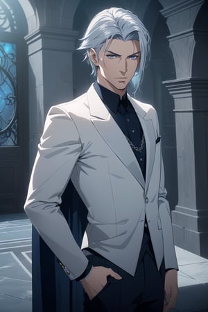 (Masterpiece, Best Quality), (A Strong 30-Year-Old Male Vampire Warrior), (Icy Blue Tousled Hair:1.4), (Sharp Silver Eyes), (Fair Skin), (Wearing Navy Blue Formal Attire with Silvery Accent:1.4), (Castle Hall at Night:1.4), (One Hand on Hips Pose:1.4), Centered, (Half Body Shot:1.6), (From Front Shot:1.4), Insane Details, Intricate Face Detail, Intricate Hand Details, Cinematic Shot and Lighting, Realistic and Vibrant Colors, Sharp Focus, Ultra Detailed, Realistic Images, Depth of Field, Incredibly Realistic Environment and Scene, Master Composition and Cinematography,castlevania style