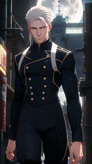 Anime-Style Image of A Handsome 25-Year-Old British Male Mercenary, (Long Flowing White Hair), (Athletic and Muscular Build:1.2), (Pale Skin), (Crimson Eyes), (Wearing Navy Blue Tactical Attire and Black Long Pants:1.4), (Moonlit City Road at Night:1.2), (Walking Pose:1.4), (Waist Up Shot), (View From Front), Realistic Lighting, Intricate Face Detail, Intricate Hand Details, Vibrant Colors, Highly Detailed, High Definition, Trending on Artstation--style raw,arcane style