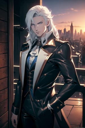 (Masterpiece, Best Quality), (A Handsome 25-Year-Old British Male Vampire Slayer), (Long Unkempt White Hair:1.4), (Pale Skin), (Crimson Eyes), (Wearing Blue Long Leather Coat and Black Long Pants:1.4), (City Road at Evening with Sunset:1.4), (Dynamic Pose:1.4), Centered, (Half Body Shot:1.4), (From Front Shot:1.4), Insane Details, Intricate Face Detail, Intricate Hand Details, Cinematic Shot and Lighting, Realistic and Vibrant Colors, Sharp Focus, Ultra Detailed, Realistic Images, Depth of Field, Incredibly Realistic Environment and Scene, Master Composition and Cinematography,castlevania style,Neuvillette