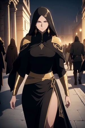 (A Gorgeous 25-Year-Old Middle-Eastern Female Assassin), (Long, Straight Black Hair), (Fair Skin), (Brownish Golden Eyes:1.4), (Wearing Black Veiled Assassin Outfit with Golden Lining:1.4), (Desert Arabian City at Night), (Walking in the Crowds Pose:1.4), Centered, (Waist-up Shot:1.4), (From Front Shot:1.2), Insane Details, Intricate Face Detail, Intricate Hand Details, Cinematic Shot and Lighting, Realistic and Vibrant Colors, Masterpiece, Sharp Focus, Ultra Detailed, Taken with DSLR Camera, Realistic Photography, Depth of Field, Incredibly Realistic Environment and Scene, Master Composition and Cinematography, castlevania style,castlevania style