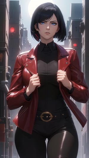 Anime-Style Image of A Gorgeous 25 Years Old British Female Vampire Mercenary, (Unkempt Bobcut Black Hair), (Pale Skin), (Blue Eyes), (Serious Face), (Wearing Red Leather Jacket, Black V-Neck Inner Shirt, and Black Tight Pants), (Moonlit City Buildings at Night), (Wearing a Jacket while Walking Pose), (Waist Up Shot), (View From Front), Realistic Lighting, Intricate Face Detail, Intricate Hand Details, Vibrant Colors, Highly Detailed, High Definition, Trending on Artstation--style raw,arcane style