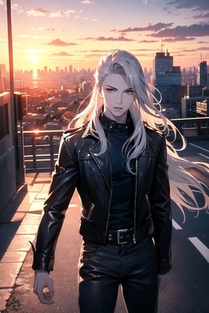 (One Person), (Ultra Realistic Image of a Handsome 25 Years Old British Male Vampire), (Long Flowing Silver Hair:1.2), (Pale Skin:1.6), (Dark Red Eyes), (Wearing Blue Leather Long Jacket and Black Long Pants:1.4), (Dynamic Pose:1.4), (City Road at Evening with Sunset:1.6), Centered, (Waist-up Shot:1.4), From Front Shot, Insane Details, Intricate Face Detail, Intricate Hand Details, Cinematic Shot and Lighting, Realistic and Vibrant Colors, Masterpiece, Sharp Focus, Ultra Detailed, Taken with DSLR camera, Realistic Photography, Depth of Field, Incredibly Realistic Environment and Scene, Master Composition and Cinematography,neuvillette