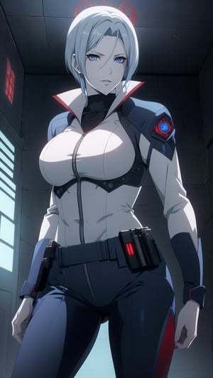 Anime-style Image of An Enigmatic 30-Year-Old Female Vampire Hitwoman, (Light Blue Wolfcut Hair:1.4), (Sharp Blue Eyes), (Pale Skin:1.4), (Serious Looking), (Wearing Navy Blue Tactical Infiltration Suit with Tech Gadgets:1.2), (Red Castle Hall at Night:1.2), (Standing Pose:1.2), (Waist-Up Shot:1.2), (View From Front:1.2), Realistic Lighting, Intricate Face Detail, Intricate Hand Details, Vibrant Colors, Highly Detailed, High Definition, Trending on Artstation--style raw,castlevania style