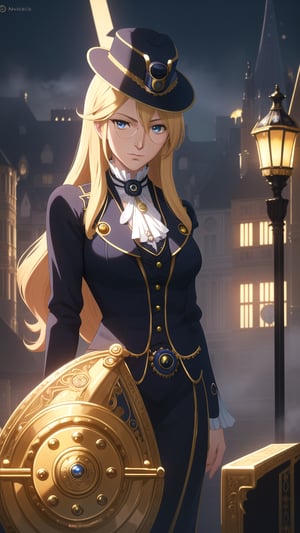 Anime-Style Image of An Elegant 28-Year-Old British Female Detective, (Long Wavy Blonde Hair), (Sapphire Blue Eyes with Monocle:1.2), (Fair Skin), (Dressed in Black and Yellow Victorian Detective Garb with Hat:1.4), (Foggy London Streets:1.2), (Elegant Pose:1.2), (Waist Up Shot), (View From Front), Realistic Lighting, Intricate Face Detail, Intricate Hand Details, Vibrant Colors, Highly Detailed, High Definition, Trending on Artstation--style raw,arcane style