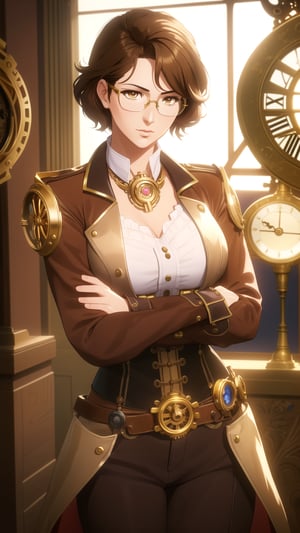 Anime-Style Image of A Gorgeous 25-Year-Old British Female Clock Mechanic, (Short Wavy Brunette Hair), (Golden Brown Eyes), (Fair Skin), (Wearing Brown and Gold Steampunk-style Outfit with Glasses and Corsets, with Ornate Golden Gears and Clocks), (Steampunk Workshop Interior), (Crossed Arms Pose:1.2), (Waist Up Shot), (View From Front), Realistic Lighting, Intricate Face Detail, Intricate Hand Details, Vibrant Colors, Highly Detailed, High Definition, Trending on Artstation--style raw,arcane style