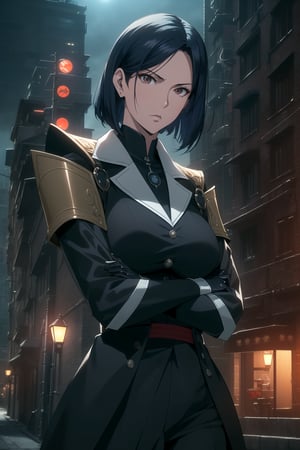 (Masterpiece, Best Quality), (A Stern 25-Year-Old Japanese Female Secret Agent), (Shoulder-length Navy Blue Hair:1.2), (Pale Skin), (Brown Eyes), (Wearing Black and Blue Sleek Tactical Outfit:1.4), (Modern City Road at Night:1.4), (Crossed Arms Pose:1.4), Centered, (Half Body Shot:1.4), (From Front Shot:1.4), Insane Details, Intricate Face Detail, Intricate Hand Details, Cinematic Shot and Lighting, Realistic and Vibrant Colors, Sharp Focus, Ultra Detailed, Realistic Images, Depth of Field, Incredibly Realistic Environment and Scene, Master Composition and Cinematography, castlevania style,castlevania style