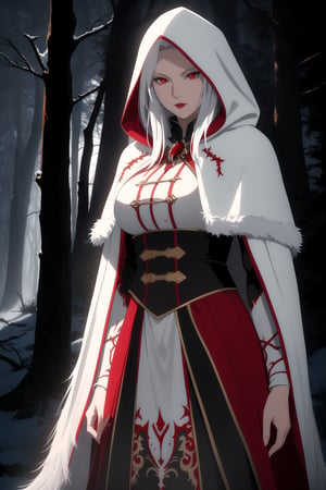 (Masterpiece, Best Quality), (A Gorgeous 30-Year-Old Female Blood Witch), (Unkempt White Hair), (Spirit-Seeing Red Eyes:1.2), (Aged and Blood-Marked Skin), (Red and White Hooded Witch Robe with Fur Cloak:1.2), (Mystical Snowy Forest at Night:1.4), (Standing Pose:1.4), Centered, (Half Body Shot:1.4), (From Front Shot:1.2), Insane Details, Intricate Face Detail, Intricate Hand Details, Cinematic Shot and Lighting, Realistic and Vibrant Colors, Sharp Focus, Ultra Detailed, Realistic Images, Depth of Field, Incredibly Realistic Environment and Scene, Master Composition and Cinematography, castlevania style,castlevania style