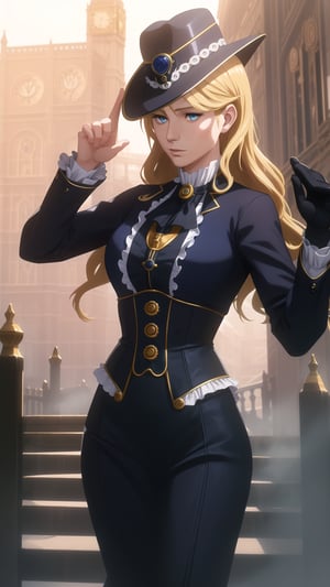 Anime-Style Image of An Elegant 28-Year-Old British Female Detective, (Long Wavy Blonde Hair), (Sapphire Blue Eyes), (Fair Skin), (Dressed in Black and Yellow Victorian Detective Garb with Hat:1.4), (Foggy London Streets:1.2), (Raising her Hand Pose:1.2), (Waist Up Shot), (View From Front), Realistic Lighting, Intricate Face Detail, Intricate Hand Details, Vibrant Colors, Highly Detailed, High Definition, Trending on Artstation--style raw,arcane style