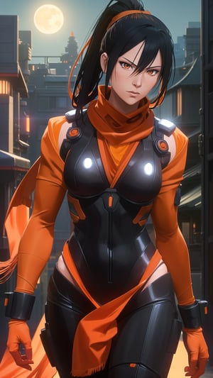 Anime-Style Image of A Stealthy 29-Year-Old Japanese Female Infiltrator, (High Ponytail Black Hair), (Crimson Eyes), (Fair Skin with Agile Build), (Wearing Black and Orange Infiltration Suit with Orange Scarf:1.4), (Moonlit City Road at Night:1.2), (Walking Pose:1.2), (Waist Up Shot), (View From Front), Realistic Lighting, Intricate Face Detail, Intricate Hand Details, Vibrant Colors, Highly Detailed, High Definition, Trending on Artstation--style raw,arcane style