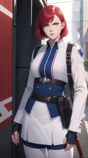 Anime-Style Image of A Gorgeous 20-Year-Old British Female Vampire Slayer, (Wavy Bobcut Red Hair), (Serious Face), (Pale Skin), (Blue Eyes), (Wearing White and Blue Tactical Assassin Outfit), (Modern City Road at Noon), (Standing Pose), (Waist Up Shot), (View From Front), Realistic Lighting, Intricate Face Detail, Intricate Hand Details, Vibrant Colors, Highly Detailed, High Definition, Trending on Artstation--style raw,arcane style