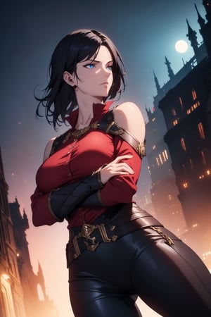 (Masterpiece, Best Quality), (A Resilient 25-Year-Old British Female Mercenary), (Shoulder-length Wolfcut Black Hair:1.4), (Observant Blue Eyes), (Fair Skin), (Wearing Loose-buttoned Crimson Red Shirt and Black Tight Pants:1.4), (Moonlit City Road at Night:1.2), (Crossed Arms Pose:1.4), Centered, (Waist-up Shot:1.4), (From Front Shot:1.2), Insane Details, Intricate Face Detail, Intricate Hand Details, Cinematic Shot and Lighting, Realistic and Vibrant Colors, Sharp Focus,  Incredibly Realistic Environment and Scene, Master Composition and Cinematography, castlevania style,castlevania style