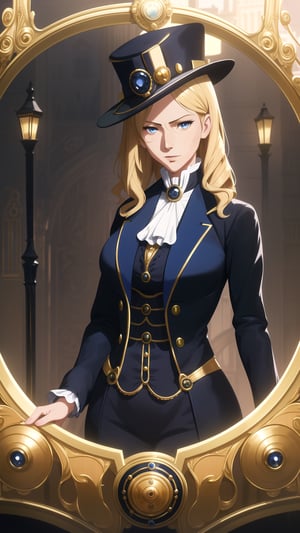 Anime-Style Image of An Elegant 28-Year-Old British Female Detective, (Long Wavy Blonde Hair), (Sapphire Blue Eyes with Monocle:1.2), (Fair Skin), (Dressed in Black and Yellow Victorian Detective Garb with Hat:1.4), (Foggy London Streets:1.2), (Elegant Pose:1.2), (Waist Up Shot), (View From Front), Realistic Lighting, Intricate Face Detail, Intricate Hand Details, Vibrant Colors, Highly Detailed, High Definition, Trending on Artstation--style raw,arcane style