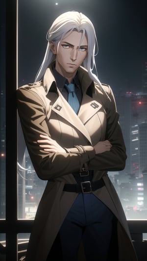 Anime-Style Image of A Handsome 25-Year-Old British Male Mercenary, (Long Flowing White Hair), (Pale Skin), (Crimson Eyes), (Wearing Blue Long Trench Coat and Black Long Pants:1.4), (Moonlit City Road at Night), (Crossed Arms Pose:1.2), (Waist Up Shot), (View From Front), Realistic Lighting, Intricate Face Detail, Intricate Hand Details, Vibrant Colors, Highly Detailed, High Definition, Trending on Artstation--style raw,arcane style