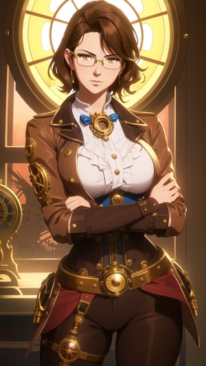 Anime-Style Image of A Gorgeous 25-Year-Old British Female Clock Mechanic, (Short Wavy Brunette Hair), (Golden Brown Eyes), (Fair Skin), (Wearing Brown and Gold Steampunk-style Outfit with Glasses and Corsets, with Ornate Golden Gears and Clocks), (Steampunk Workshop Interior), (Crossed Arms Pose:1.2), (Waist Up Shot), (View From Front), Realistic Lighting, Intricate Face Detail, Intricate Hand Details, Vibrant Colors, Highly Detailed, High Definition, Trending on Artstation--style raw,arcane style