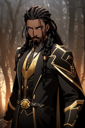 (Masterpiece, Best Quality),  (A Fierce 30-Year-Old African-American Male Shadow Mage), (Dreadlocked Black Hair with Thin Black Goatee:1.4), (Ebony Skin), (Sharp Amber Eyes:1.2), (Wearing Black and Gold Long Coat:1.4), (Dark Forest with Black Fog:1.4), Centered, (Half Body Shot:1.4), (From Front Shot:1.4), Insane Details, Intricate Face Detail, Intricate Hand Details, Cinematic Shot and Lighting, Realistic and Vibrant Colors, Sharp Focus, Ultra Detailed, Realistic Images, Depth of Field, Incredibly Realistic Environment and Scene, Master Composition and Cinematography,castlevania style