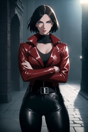 (A Gorgeous 25-Year-Old British Female Mercenary), (Wavy Bobcut Black Hair), (Pale Skin:1.2), (Sapphire Blue Eyes), (Wearing Red Leather Jacket, Black V-Neck Undershirt, and Black Tight Pants:1.4), (Moonlit City Road at Night), (Crossed Arms Pose:1.4), Centered, (Waist-up Shot:1.4), (From Front Shot:1.2), Insane Details, Intricate Face Detail, Intricate Hand Details, Cinematic Shot and Lighting, Realistic and Vibrant Colors, Masterpiece, Sharp Focus, Ultra Detailed, Taken with DSLR Camera, Realistic Photography, Depth of Field, Incredibly Realistic Environment and Scene, Master Composition and Cinematography, castlevania style,castlevania style