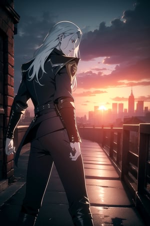 (One Person), (A Handsome 25 Years Old British Male Vampire), (Long Flowing Silver Hair:1.2), (Pale Skin:1.6), (Dark Red Eyes), (Wearing Blue Leather Long Jacket and Black Long Pants:1.4), (Dynamic Pose:1.4), (City Road at Evening with Sunset:1.6), Centered, (Waist-up Shot:1.4), From Front Shot, Insane Details, Intricate Face Detail, Intricate Hand Details, Cinematic Shot and Lighting, Realistic and Vibrant Colors, Masterpiece, Sharp Focus, Ultra Detailed, Taken with DSLR camera, Realistic Photography, Depth of Field, Incredibly Realistic Environment and Scene, Master Composition and Cinematography, neuvillette, castlevania style