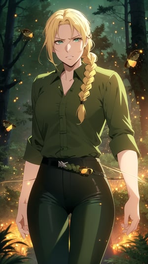 Anime-style Image of A Resilient 25-Year-Old British Female Hunter, (Blonde Hair in a Single Braid:1.4), (Serious Face), (Dark Green Eyes), (Fair Skin), (Wearing Loose-buttoned Dark Green Shirt and Black Tight Pants:1.4), (Pine Forest at Night with Fireflies:1.4), (Walking Pose:1.2), (Waist-Up Shot:1.2), (View From Front:1.2), Realistic Lighting, Intricate Face Detail, Intricate Hand Details, Vibrant Colors, Highly Detailed, High Definition, Trending on Artstation--style raw,castlevania style