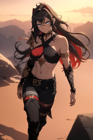 (Masterpiece, Best Quality), (Dehya from Genshin Impact), (Messy Long Black Hair:1.4), (Blue Eyes:1.2), (Serious Looking:1.4), (Wearing Red and Black Criss-Cross Halter, Golden Right Armlet, and Belted Black Pants:1.6), (Barren Desert at Dusk:1.4), (Standing Pose:1.2), Centered, (Half Body Shot:1.4), (From Front Shot:1.4), Insane Details, Intricate Face Detail, Intricate Hand Details, Cinematic Shot and Lighting, Realistic and Vibrant Colors, Sharp Focus, Ultra Detailed, Realistic Images, Depth of Field, Incredibly Realistic Environment and Scene, Master Composition and Cinematography, castlevania style,castlevania style,dehya,armlet