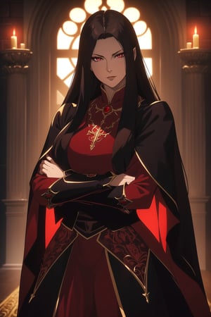(Masterpiece, Best Quality),  (A Regal 30-Year-Old Looking Female Vampire Queen), (Flowing Ebony Hair), (Regal Ruby Eyes), (Pallid and Alluring Skin), (Wearing Queenly Red Vampire Gown), (Dark Castle Altar:1.2), (Crossed Arms Pose:1.4), Centered, (Half Body Shot:1.4), (From Front Shot:1.4), Insane Details, Intricate Face Detail, Intricate Hand Details, Cinematic Shot and Lighting, Realistic and Vibrant Colors, Sharp Focus, Ultra Detailed, Realistic Images, Depth of Field, Incredibly Realistic Environment and Scene, Master Composition and Cinematography,castlevania style