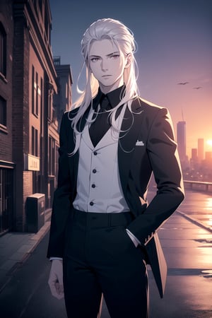 (One Person), (Ultra Realistic Image of a Handsome 25 Years Old British Male Vampire), (Long Flowing White Hair:1.2), (Pale Skin:1.6), (Dark Red Eyes), (Wearing Blue Long Jacket, Black V-neck Shirt, and Black Long Pants:1.4), (Dynamic Pose:1.4), (City Road at Evening with Sunset:1.6), Centered, (Waist-up Shot:1.4), From Front Shot, Insane Details, Intricate Face Detail, Intricate Hand Details, Cinematic Shot and Lighting, Realistic Colors, Masterpiece, Sharp Focus, Ultra Detailed, Taken with DSLR camera, Realistic Photography, Depth of Field, Incredibly Realistic Environment and Scene, Master Composition and Cinematography