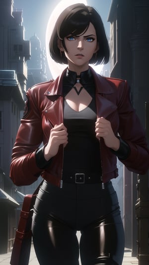 Anime-Style Image of A Gorgeous 25 Years Old British Female Vampire Mercenary, (Unkempt Bobcut Black Hair), (Pale Skin), (Blue Eyes), (Serious Face),  (Wearing Red Leather Jacket, Black V-Neck Inner Shirt, and Black Tight Pants:1.4), (Moonlit City Road at Night:1.2), (Wearing a Jacket while Walking Pose), (Waist Up Shot), (View From Front), Realistic Lighting, Intricate Face Detail, Intricate Hand Details, Vibrant Colors, Highly Detailed, High Definition, Trending on Artstation--style raw,arcane style