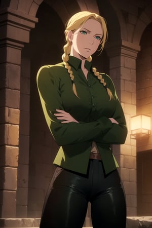 (Masterpiece, Best Quality), (A Resilient 25-Year-Old British Female Hunter), (Blonde Hair in a Singular Braid:1.4), (Observant Green Eyes), (Fair Skin), (Wearing Loose-buttoned Dark Green Shirt and Black Tight Pants:1.4), (Outback Wilderness at Night:1.2), (Crossed Arms Pose:1.4), Centered, (Half Body Shot:1.4), (From Front Shot:1.2), Insane Details, Intricate Face Detail, Intricate Hand Details, Cinematic Shot and Lighting, Realistic and Vibrant Colors, Sharp Focus, Ultra Detailed, Realistic Images, Depth of Field, Incredibly Realistic Environment and Scene, Master Composition and Cinematography, castlevania style,castlevania style